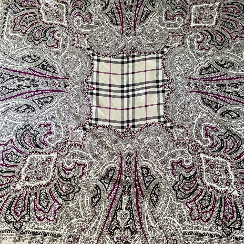 Burberry Paisley and Plaid Scarf in Purple and Gray.